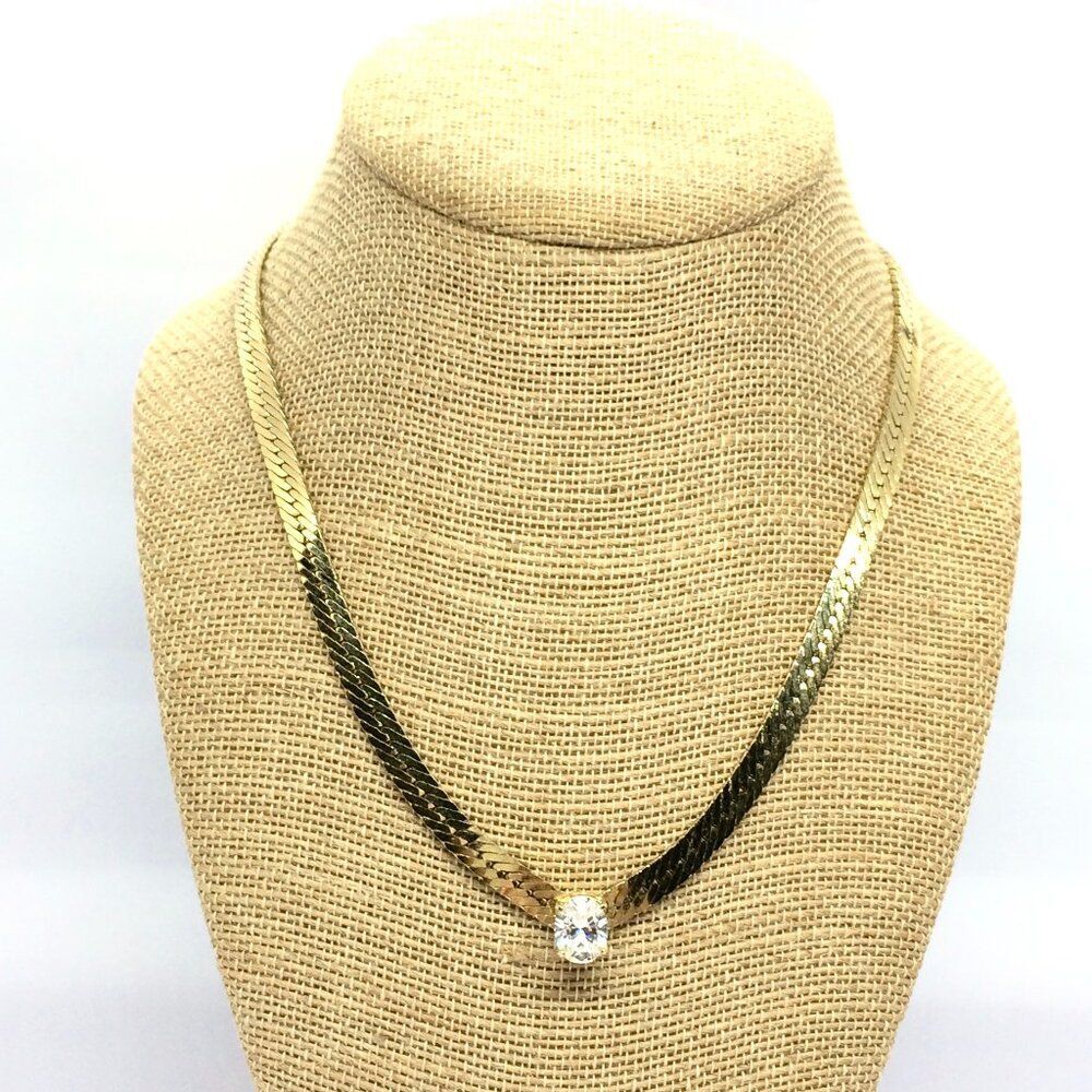 VINTAGE GOLD TONE Necklace Herringbone Chain Rhinestone Minimalist 80s Chic